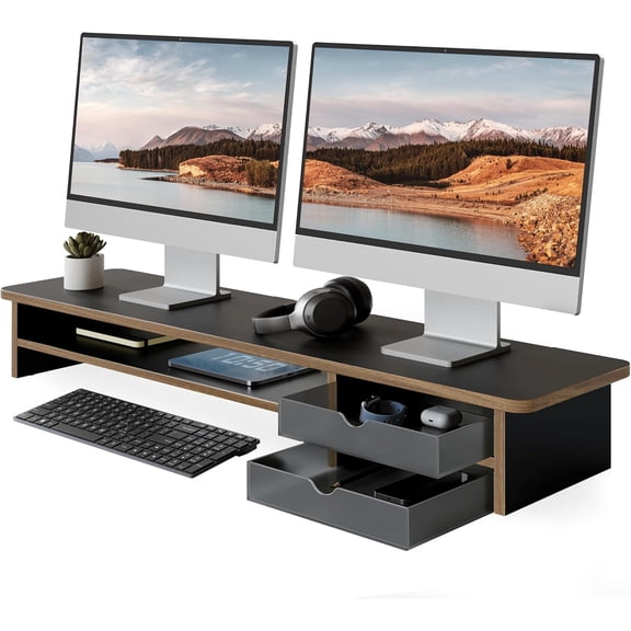 Monitor Stand, Dual Monitor Riser, 42.5inch Large Desk Computer Monitor Stand Riser with Drawer, 2 Tier Wood & Acrylic Desktop Organizer with Cable Management