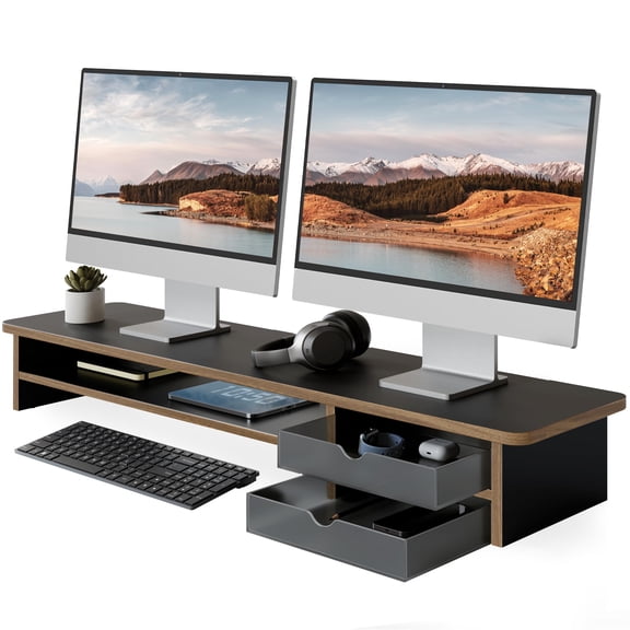 Monitor Stand Dual Monitor Riser 42.5inch Large Desk Computer Monitor Stand Riser with Drawer, 2 Tier Wood & Acrylic Desktop Organizer with Cable Management