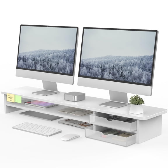 Monitor Stand Dual Monitor Riser 42.5inch Large Desk Computer Monitor Stand Riser with Drawer, 2 Tier Wood & Acrylic Desktop Organizer with Cable Management