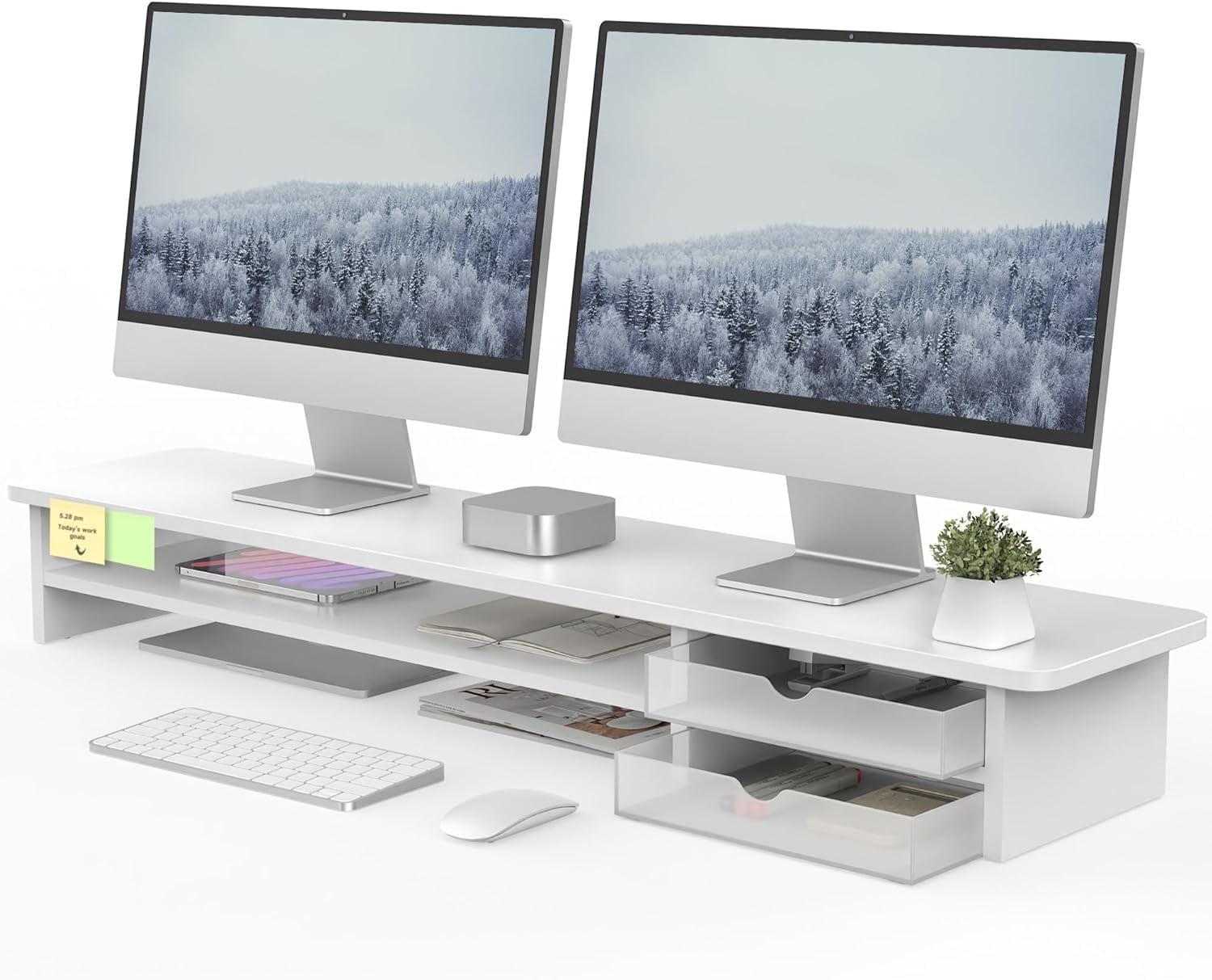 Monitor Stand, Dual Monitor Riser, 42.5inch Large Desk Computer Monitor Stand Riser with Drawer, 2 Tier Wood & Acrylic Desktop Organizer for Computer, Laptop, Printer, TV Screen Riser
