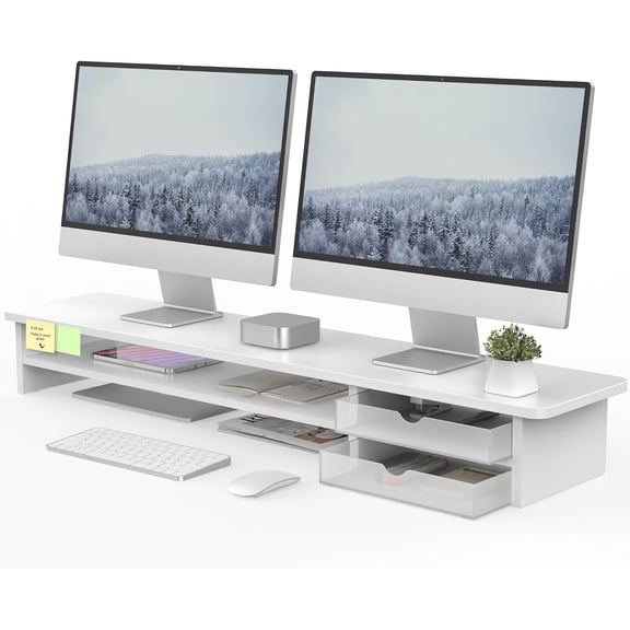 Monitor Stand, Dual Monitor Riser, 42.5inch Large Desk Computer Monitor Stand Riser with Drawer, 2 Tier Wood & Acrylic Desktop Organizer for Computer, Laptop, Printer, TV Screen Riser