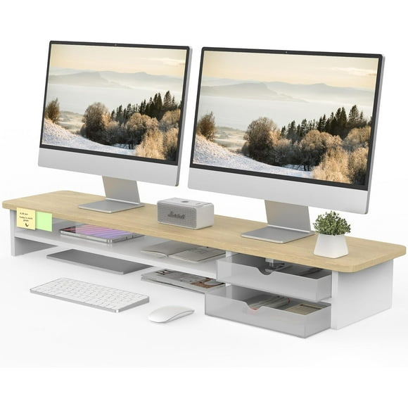 Monitor Stand, Dual Monitor Riser, 42.5inch Large Desk Computer Monitor Stand Riser with Drawer, 2 Tier Wood & Acrylic Desktop Organizer for Computer, Laptop, Printer, TV Screen Riser