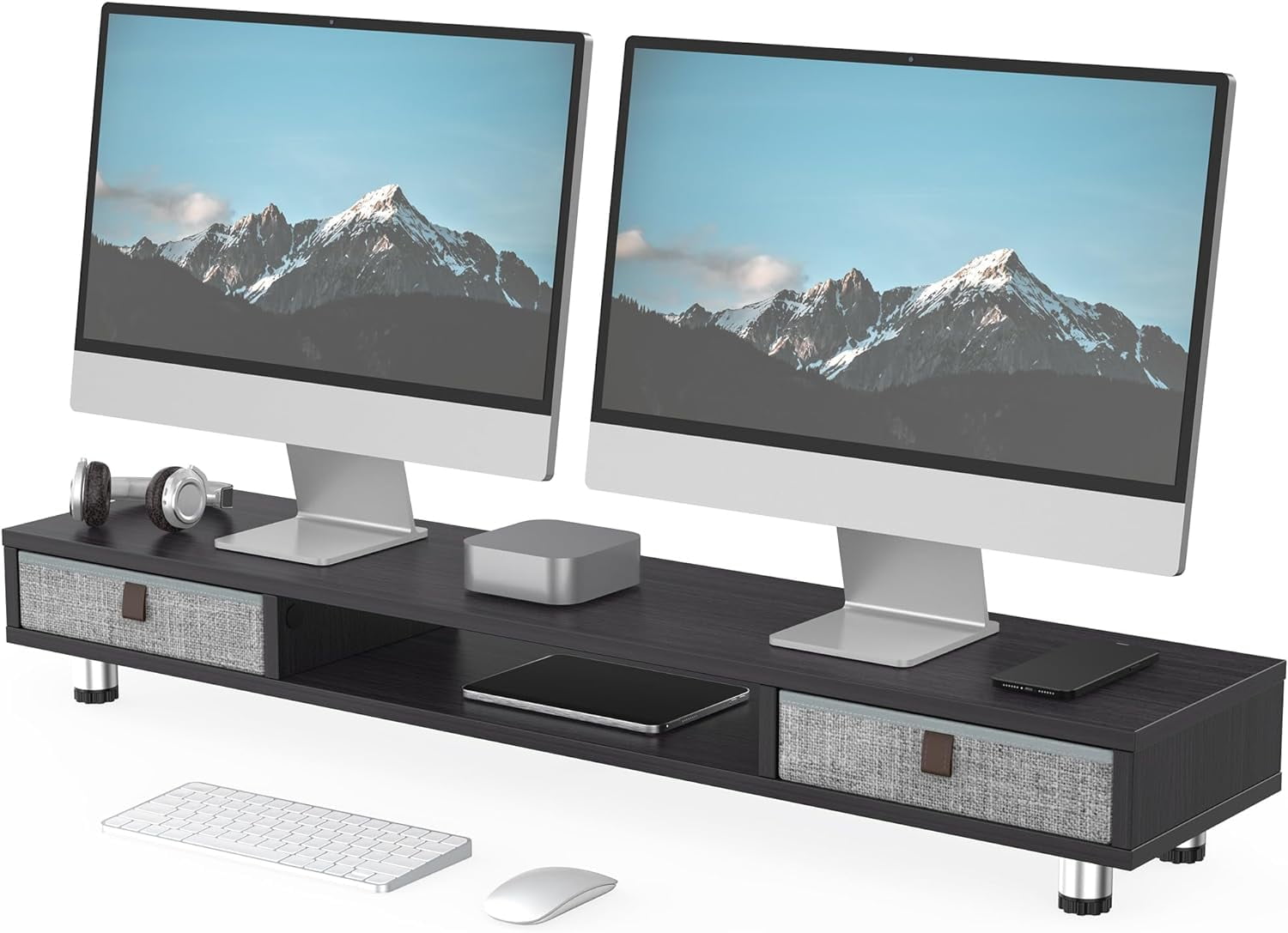 Monitor Stand, Dual Monitor Stand with 2 Drawers, Monitor Riser for 2 Monitors, Adjustable Height Computer Stand, Office Monitor Stands for Desk, Laptop, PC, TV, Printer