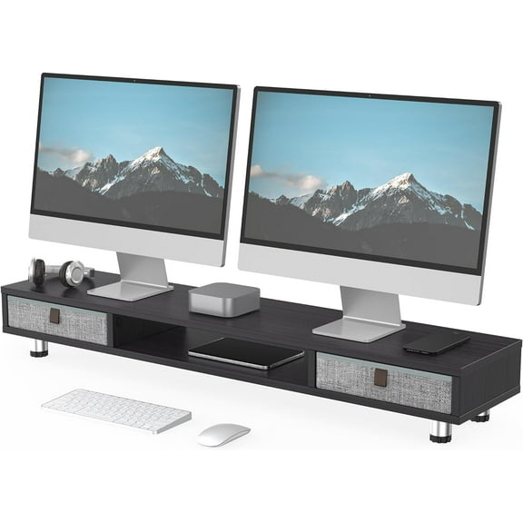 Monitor Stand, Dual Monitor Stand with 2 Drawers, Monitor Riser for 2 Monitors, Adjustable Height Computer Stand, Office Monitor Stands for Desk, Laptop, PC, TV, Printer