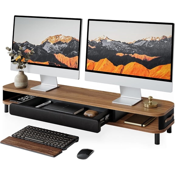 Monitor Stand with Large Drawer, 42.5 Inch Dual Monitor Riser for 2 Monitors, Ergonomic Computer Desk Shelf with Soft Touch Leather & Storage Organizer for Laptop, Computer, TV, PC, Printers