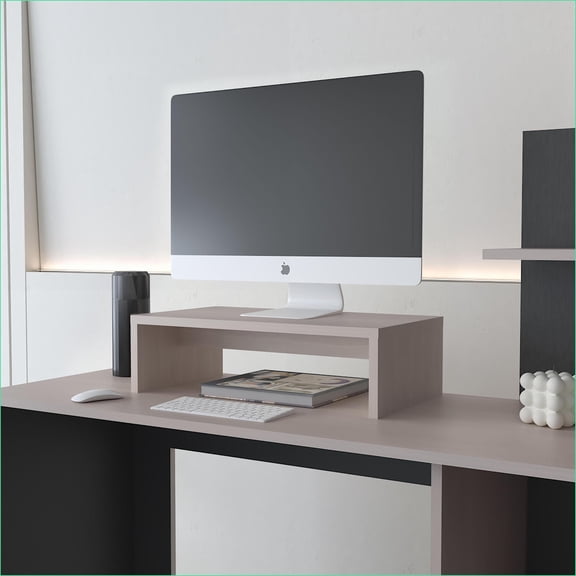 Monitor Stand, Modern White Oak Finish, 19W x 10.2D x 5.4H | Melamine, Particle Board