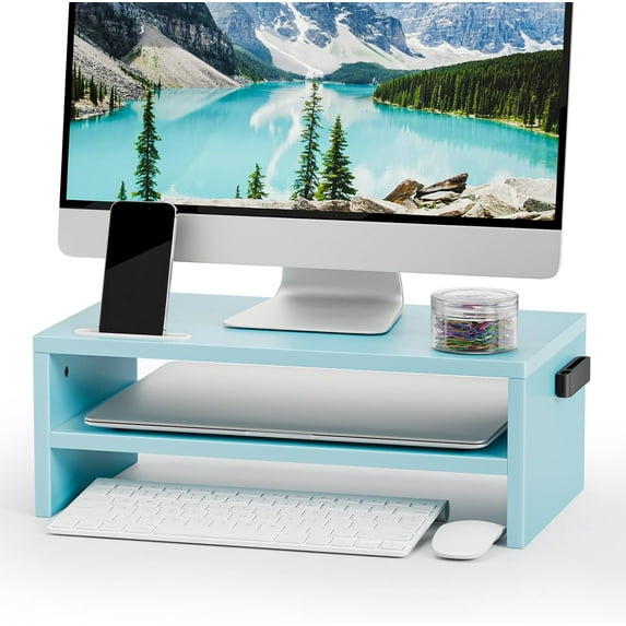 Monitor Stand Riser, 16.5 Inch 2 Tier Computer Printer Shelf Stand for Laptop Computer Screen Storage, Desktop Stand with Phone Holder and Cable Management Black