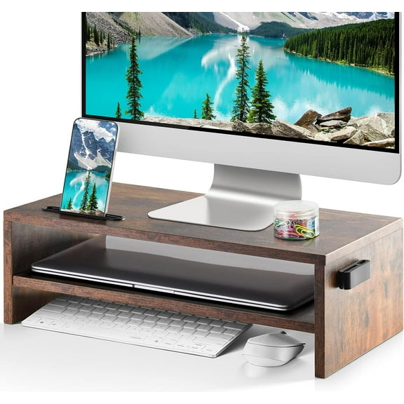 Monitor Stand Riser, 16.5 Inch 2 Tier Computer Printer Shelf Stand for Laptop Computer Screen Storage, Desktop Stand with Phone Holder and Cable Management Black