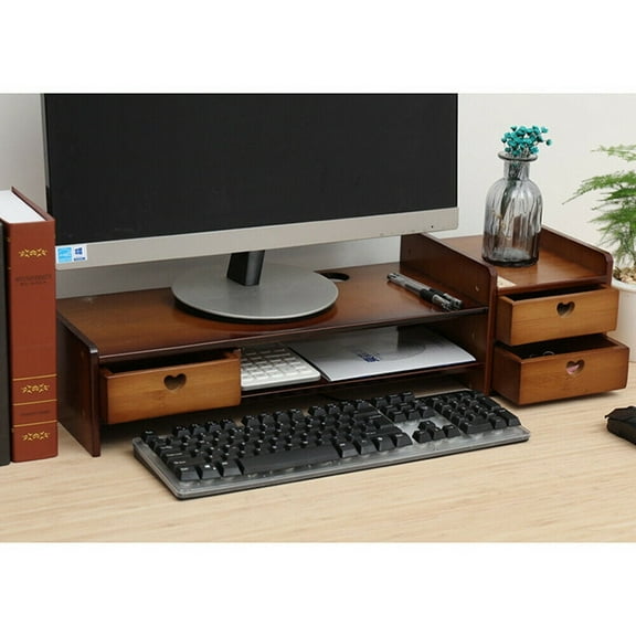 Monitor Stand Riser 2-Tier Bamboo Wood Computer Monitor Riser Stand Desktop Organizer Stand with Storage Drawer Laptop Monitor Stand Riser for Home Office