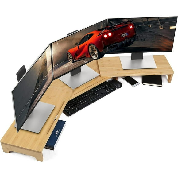 Monitor Stand Riser, 60 inch Large Bamboo Dual Monitor Stand for Desk, 3 Shelves Desktop Screen Riser with Adjustable Length Angle for Computer Laptop PC