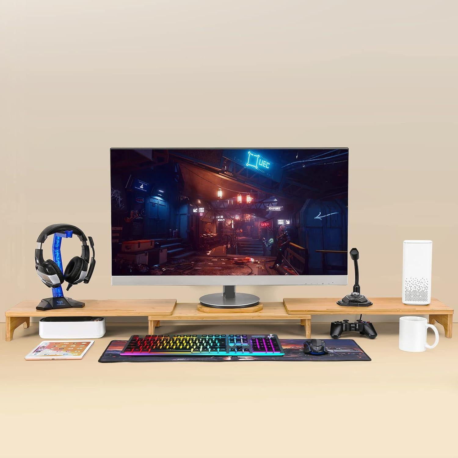 Monitor Stand Riser, 60 inch Large Bamboo Dual Monitor Stand for Desk, 3 Shelves Desktop Screen Riser with Adjustable Length Angle for Computer Laptop PC