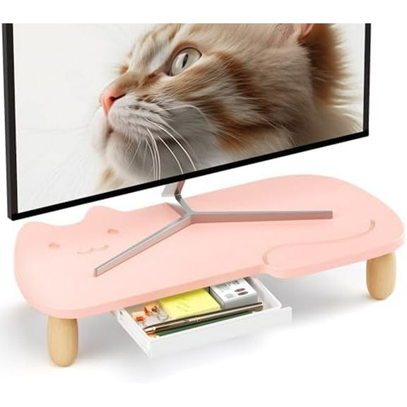 Monitor Stand Riser, Cat-Shaped Sturdy Wood Multi-Purpose Desktop Organizer for Computer, Laptop, Printer, TV, Pink