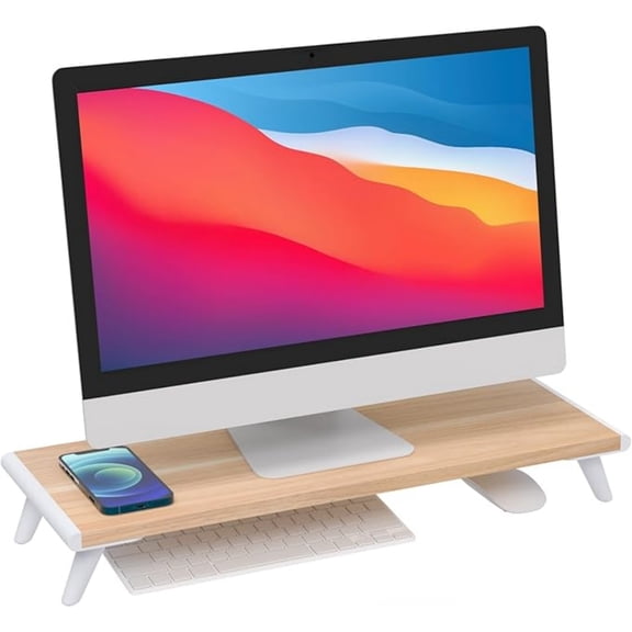 Monitor Stand Riser for Desk, 22.4" x 8.3" Larger Computer Stand for Laptop, PC, Printer, Sturdy Desktop Computer Shelf with Non-Skid Rubber, Home Office, Natural Wood