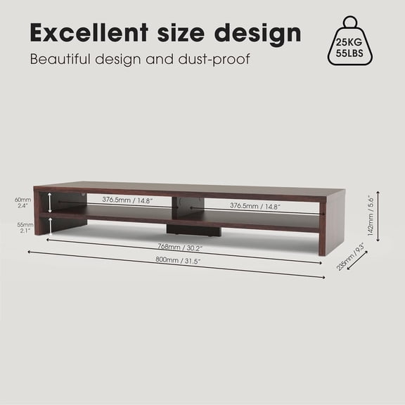 Monitor Stand Riser for Desk 31.5 Inch Computer Shelf with Storage 2 Tiers Wood Desktop Organizer for PC Laptop Screen Printer Ergonomic Workspace Solution Brown