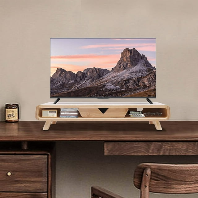 Monitor Stand Riser Farmhouse Style Bamboo Laptop Stand Riser Holder with Storage Drawer Modern Computer Stand for PC Monitor Laptop Office Desk Organization (Wood Color)