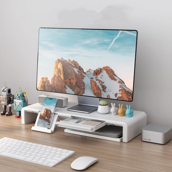 Monitor Stand Riser, Foldable, Height Adjustable Computer Stand, Desk Shelf Riser with Storage Drawer &Tablet Phone Stand for Desktop, Laptop (White)