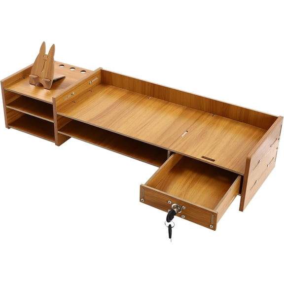 Monitor Stand Riser with Lockable Drawer, Large Compartment, 2 Small Compartments, and 2 Top PlatformsMDF Computer Monitor StandDesk Organizer for Home Office PC Screen