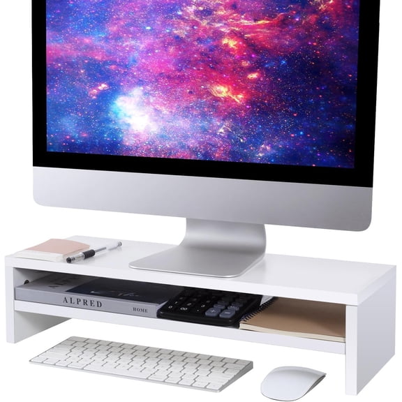 Monitor Stand Riser, White, 21.6 inch, 2 Tiers Wood Desk Shelf | For Full Keyboard, Computer Screen Stand with Storage for Desktop Laptop/Screen/TV/PC/Printer 21.6"L x 7.8"W x 5.2"H