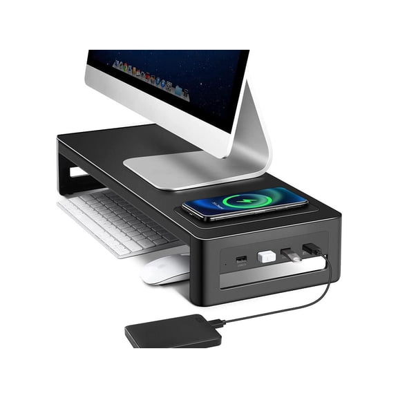 Monitor Stand Riser with Wireless Charger and USB 3.0 Hub Support Data Transfer and Extra Storage Steel Desk Organizer for Laptop Computer Up to 27 inches and 66 Pounds