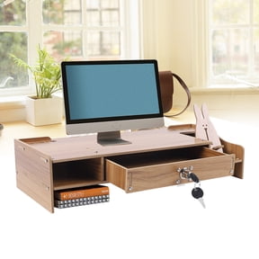 Monitor Stand Riser With Storage Drawer MDF Cherry Wood Desktop Elevated Display Screen Shelf Organizer For Office Home Computer Accessories