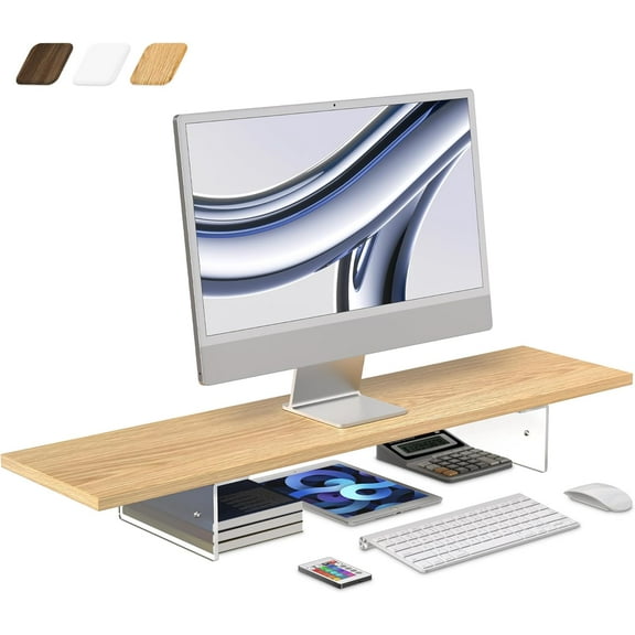 Monitor Stand Riser,Wood & Acrylic Computer Monitor Stand with LED Light,Desk Accessories Desktop Organizer Stand for Computer,Laptop,Printer,PC & TV Screen Riser