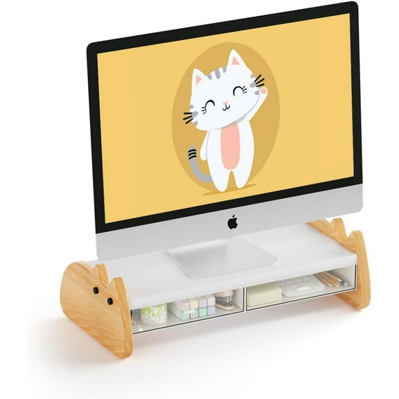 Monitor Stand Riser,Wooden & MDF Computer Desktop Stand with Acrylic Drawer,Laptop Stand Riser Holder ,Table Holder Desk Organizer Storage Stand for Laptop,Printer,TV,15.7 inch,Cute Cat