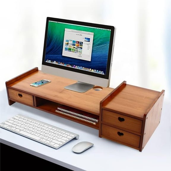 Monitor Stand Riser with 3 Drawers 2-Tier Bamboo Wood Computer Riser for Desk Home Office Desktop Stand Storage Organizer for TV Laptop Computer PC