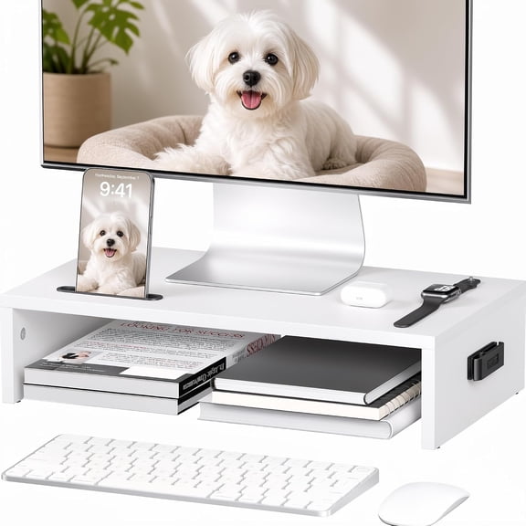Monitor Stand Riser with Cellphone Holder & Cable Management | 16.7 Inch Wood Monitor Riser Stand, Desktop Stand for PC/TV/Laptop/Printer, White