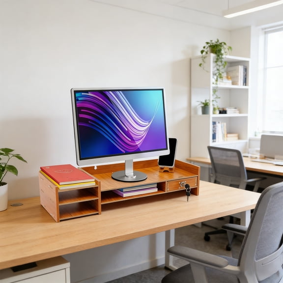 Monitor Stand Riser with Drawer & Lock, Computer Monitor Shelf Organizer with Cable Management Hole, Ergonomic Desk Storage for Office Home