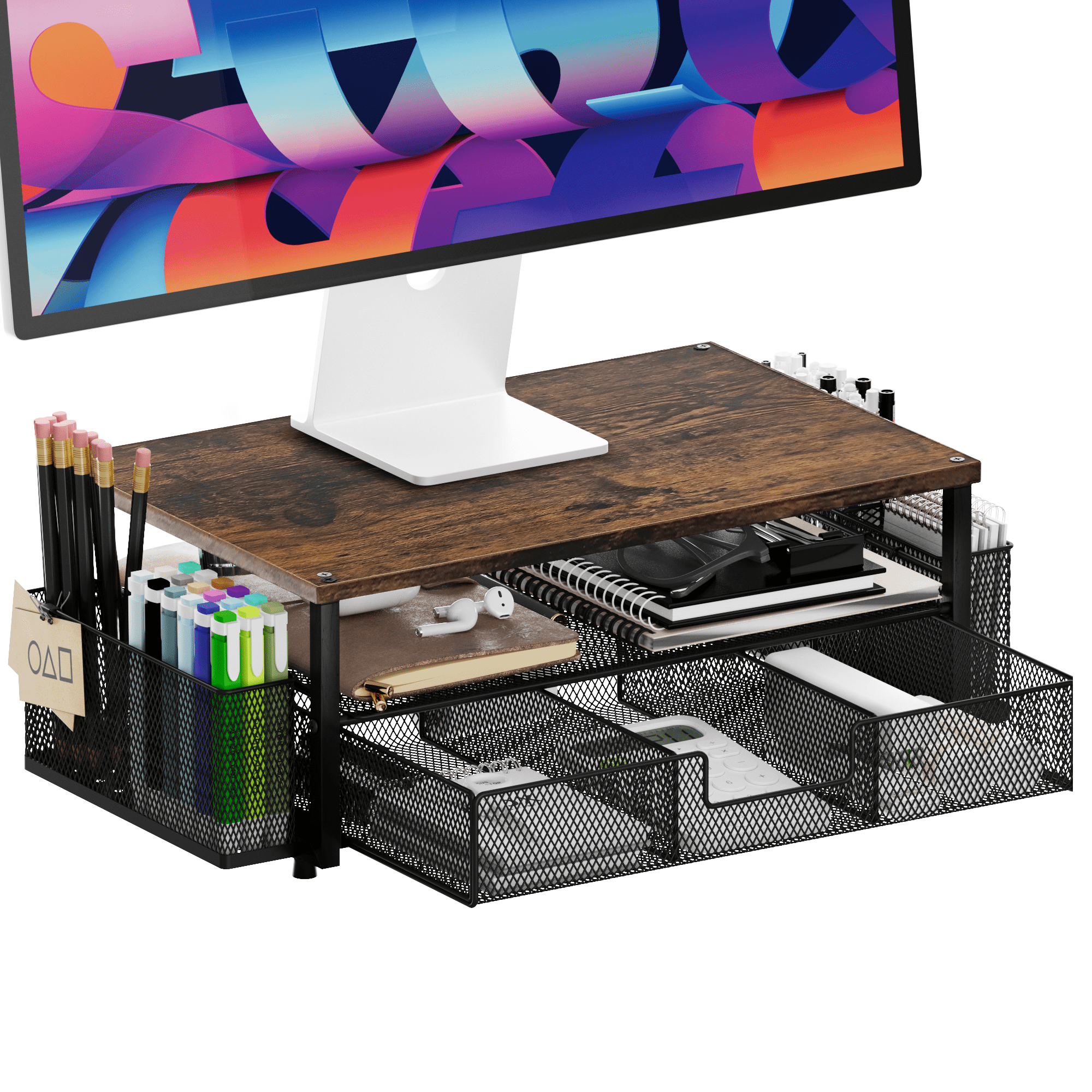 Monitor Stand Riser with Mesh Drawers & Pen Holders, 2 Tier Wood Metal Desktop Organizer, Computer Monitor Riser for Desk, Supports Laptop, Printer, Office Supplies Storage