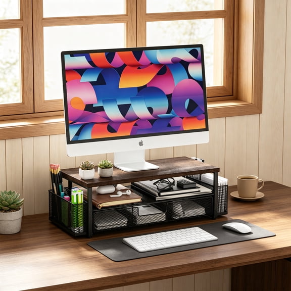 CISILOV 3-Tier Monitor Stand Riser, Computer Monitor Stand with Drawer and 2 Pen Holders, Desktop Organizer for Laptop, PC Screen, Printer, Office Desk Accessories