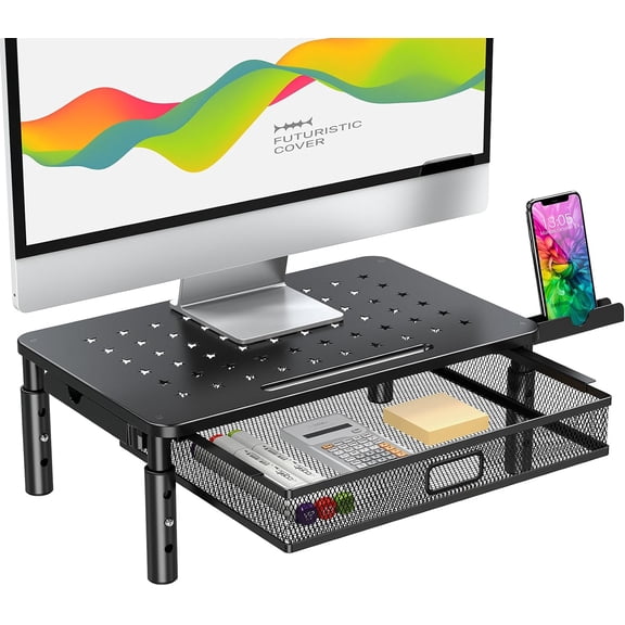 Monitor Stand Riser with Metal Mesh Drawer, Height Adjustable