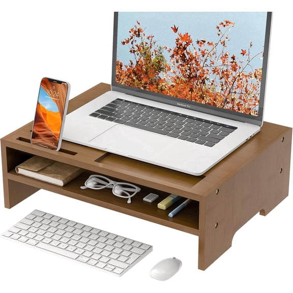 Bambloom Monitor Stand Riser with Storage Organizer Desktop with Cooling Holes Bamboo Laptop Riser Shelf for Office and Home Use 16.7x11.8x5 inch ,Walnut