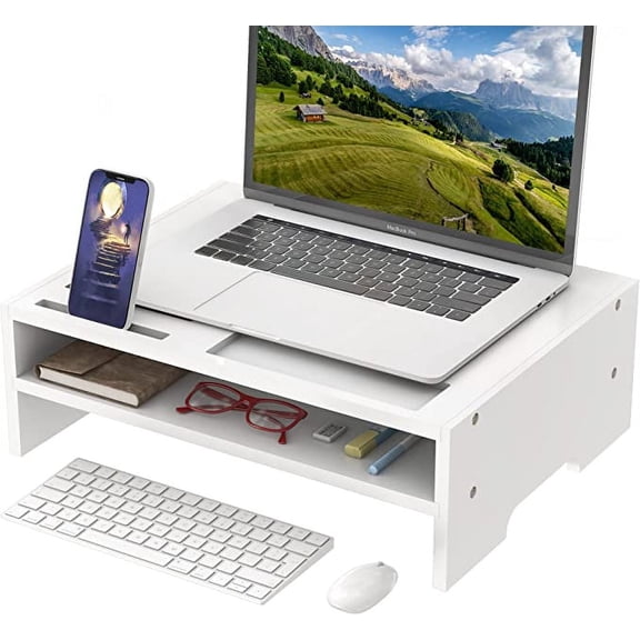 Bambloom Monitor Stand Riser with Storage Organizer Desktop with Cooling Holes Bamboo Laptop Riser Shelf for Office and Home Use 16.7x11.8x5 inch ,White