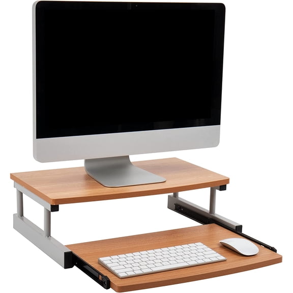 Monitor Stand, Sliding Keyboard Drawer, Laptop, Riser, Office, Wood/Metal, 20"L x 14.75"W x 5.9"H, Brown, Silver