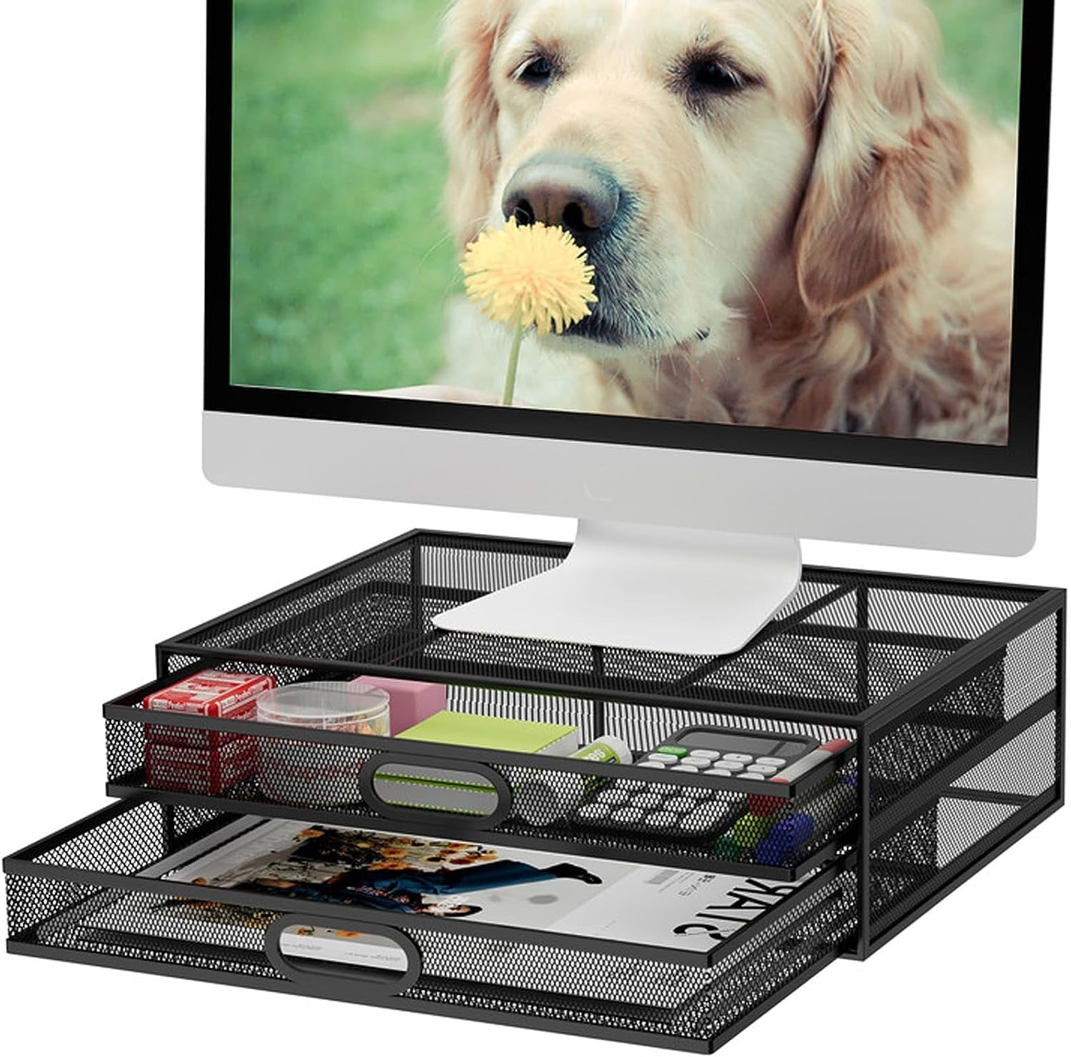 Marbrasse Monitor Stand with Drawer, Monitor Riser Mesh Metal, Monitor Stand with Storage, Desktop Computer Stand for PC, Laptop, Printer