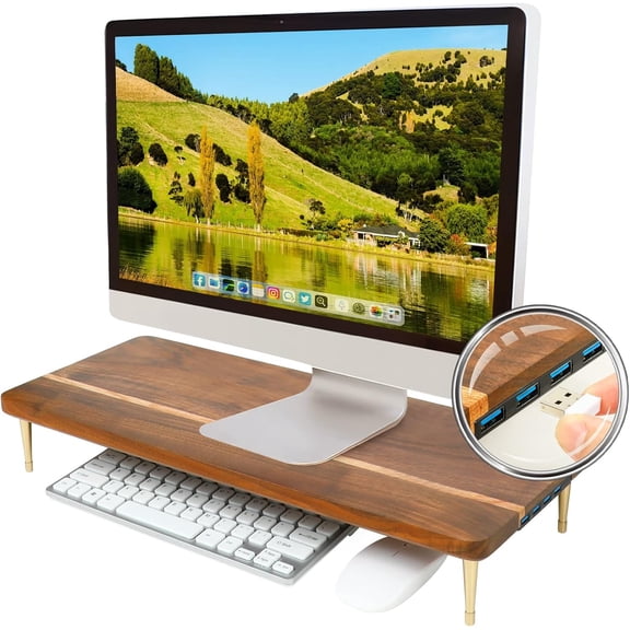 Monitor Stand Wood Riser with 4 USB Ports, Computer Monitor Stand with America Walnut Data Transfer Charging Hub -Compatible with Computer, Mac, PCs, Smartphone, 20.5*8.3in