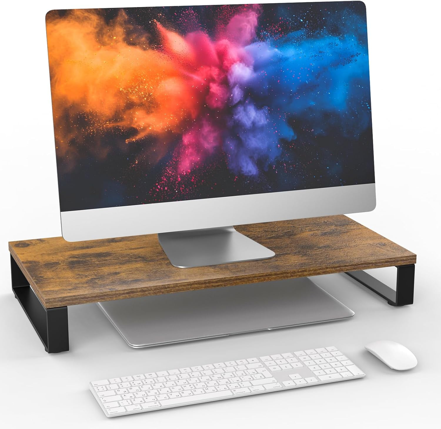 Monitor Stand for Desk, Wood & Steel Computer Stand Riser with Storage Organizer for Office Laptop, PC, Printer 24x12 inch