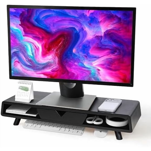 Monitor Stand with Drawer, Exquisite Computer Monitor Stand for Desk, Ergonomic Wood Monitor Stand Riser for Computer,Laptop,Printer,TV,Bamboo,Black