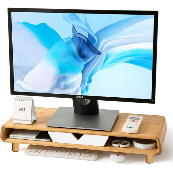 Monitor Stand with Drawer, Exquisite Computer Monitor Stand for Desk, Ergonomic Wood Monitor Stand Riser for Computer,Laptop,Printer,TV,Bamboo,White