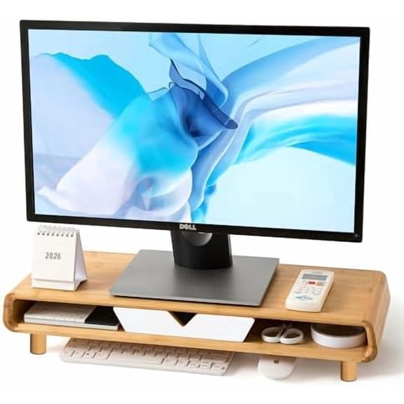 Monitor Stand with Drawer, Exquisite Computer Monitor Stand for Desk, Ergonomic Wood Monitor Stand Riser for Computer,Laptop,Printer,TV,Bamboo,White