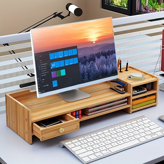 Monitor Stand with Drawer and Pen Holder, Wooden Desk Organizer for Computer Screen, Natural