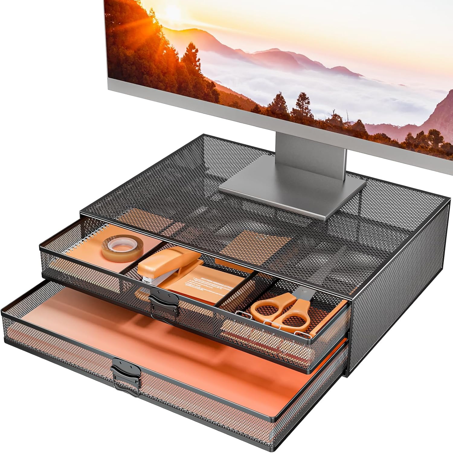 Black Metal Mesh Monitor Riser with Storage Drawers