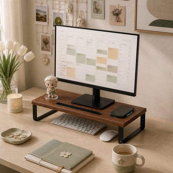 Monitor Stand with Wireless Charger, 10W Fast Charging Desk Riser, Wood Computer Shelf with Phone Slot, 4 Adjustable Heights, Holds 44lbs, Walnut