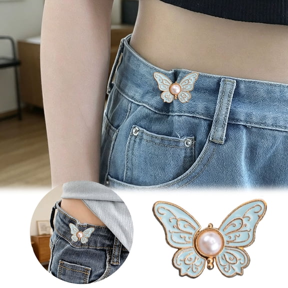 Monjani 1PC Adjustable Pants Waist Tightener Butterfly Design with Pearl Waist Buckle No-Sew Detachable Reusable Effortless One-Step Installation for Loose Jeans Buckle Extender Pants