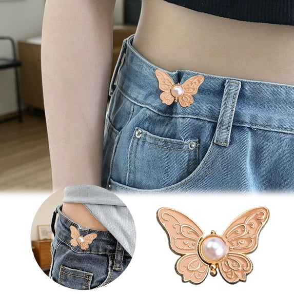 Monjani 1PC Adjustable Pants Waist Tightener Butterfly Design with Pearl Waist Buckle No-Sew Detachable Reusable Effortless One-Step Installation for Loose Jeans Buckle Extender Pants