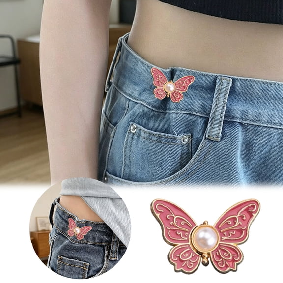 Monjani 3PC Adjustable Pants Waist Tightener Butterfly Design with Pearl Waist Buckle No-Sew Detachable Reusable Effortless One-Step Installation for Loose Jeans Buckle Extender Pants