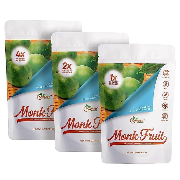 G-Sweetz Monk Fruit Allulose All Purpose Sweetener Multi-Pack-3: 1X, 2X, and 4X RSS (Relative Sugar Sweetness); Total Servings 795 | Pack of 3, 1-LB/Each