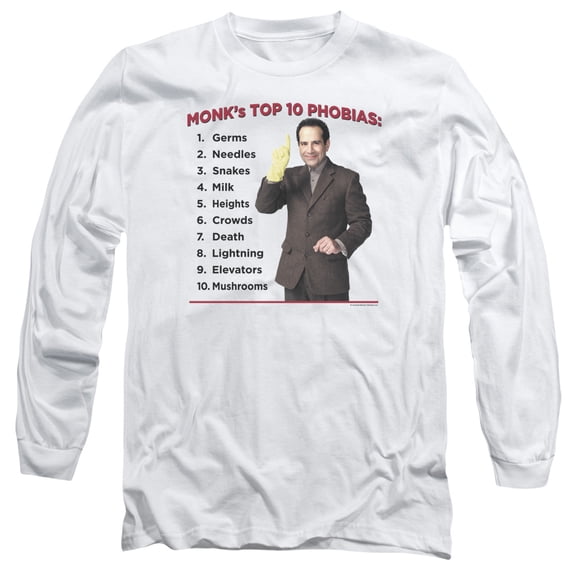 Monk Top 10 Phobias Long Sleeve Adult 18/1 T-Shirt White