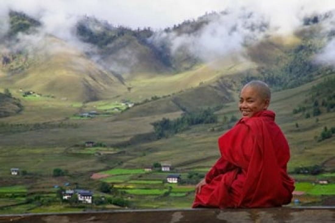Monk and Farmlands in the Phobjikha Valley Gangtey Village Bhutan Canvas Art - Keren Su DanitaDelimont (17 x 11)